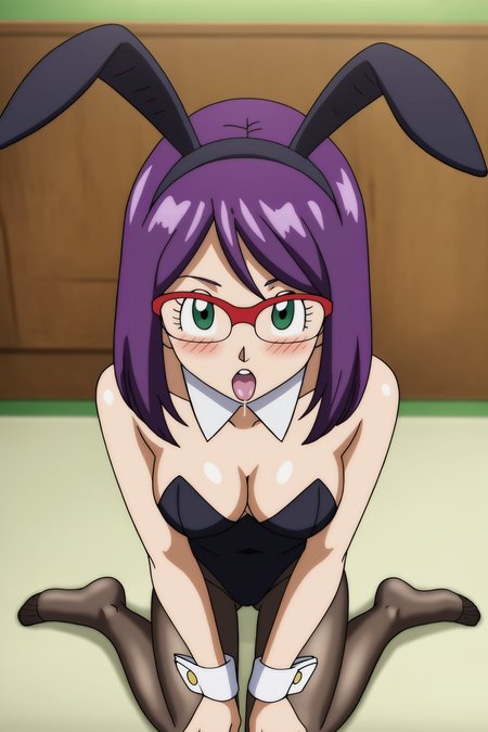 source_anime, score_9, score_8_up, score_7_up, anime screencap, absurd res, high quality, official style, 
su roas, purple hair, medium hair, green eyes, red glasses, 
1girl, solo,  breasts, blush, open mouth, small breasts, bare shoulders, looking up at viewer, from above, rabbit ears, feet, black pantyhose, fake animal ears, mansion, wooden floor, no shoes, playboy bunny, kneeling, black leotard, bare arms, hands on lap, eyelashes, indoors, tongue out, saliva, cleavage, 
<lora:Kamikaze_Fireballs_v1:0.8>