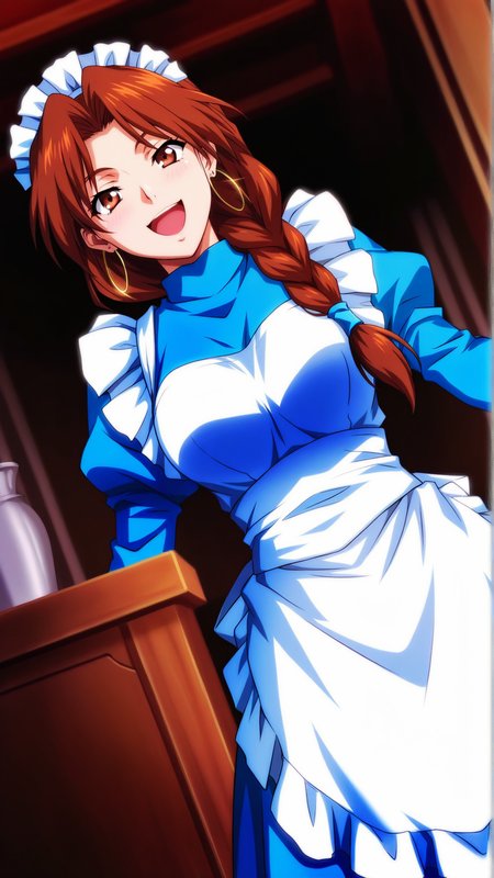 source_anime, general, best quality, masterpiece, 1girl,  <lora:Rebecca_Turner_ill_v1.0:1> rebecca_turner\(srw\),brown eyes, brown hair, braid,single braid,jewelry,long hair, hoop earrings, hair over shoulder, maid, maid headdress, maid apron, happy, (smug:0.8),  dynamic pose, dutch angle,