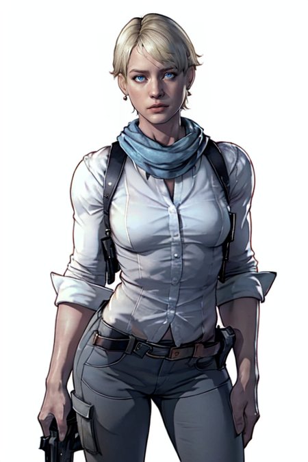 masterpiece,best quality,face detail,extreme detail,8k,((white background)),<lora:sherrybirkin:0.7>,sherrybirkin2,1girl,solo,short hair,blue eyes,blonde hair,shirt,earrings,belt,pants,scarf,sleeves rolled up,realistic,holster,trigger discipline,