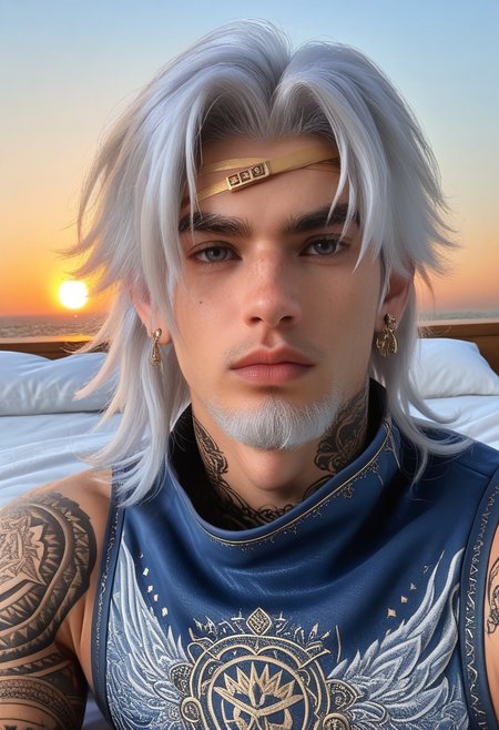 Gay++, homoerotic, hyper masculine, solo, (white hair, white body hair, white beard), (((male))), sheets covering body, in the bedroom, sitting on bed, headshot, sunrise, 20yo, gray eyes, scruffy, confident, (medium hair), ((athletic, narrow waist, wide shoulders)), cocky, gigachad, scruffy, shaggy, head tilted back++, face freckles, earrings, nose piercing, eyebrow piercing, blackout tattoos, tattoos, white tank, BREAK
Portrait photo, close up picture, close up detail, zoomed in on face, from the neck up, relaxed, in bed, morning, sunrise, (warm lighting)
bokeh, highly detailed, Fujifilm XT-4,
LanGe, LanGe_silver-blue-hair, LanGe_long-medium-wavy-hair, LanGe_dark-eyebrows,  LanGe_gray-eyes, LanGe_asian-shaped-eyes, LanGe_golden-head-ornament,
