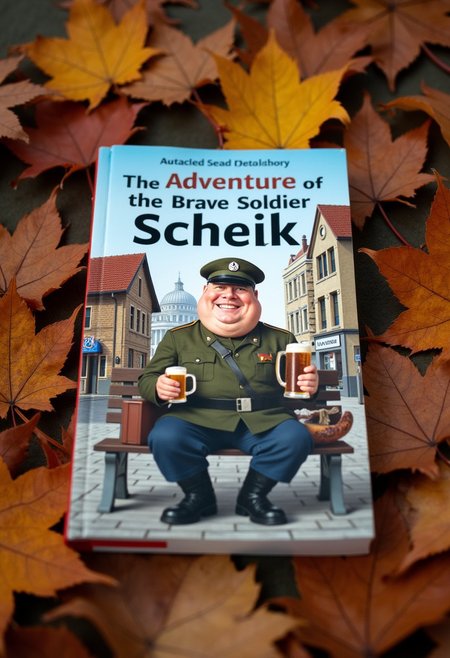 The book is lying on autumn leaves, close-up. The cover of the book depicts a cheerful fat man, clean-shaven and dressed in an Austrian uniform from the First World War. He's sitting on a bench, behind a beer store, with a mug of beer in one hand and a sausage in the other. The book is called "The Adventures of the Brave Soldier Schweik".