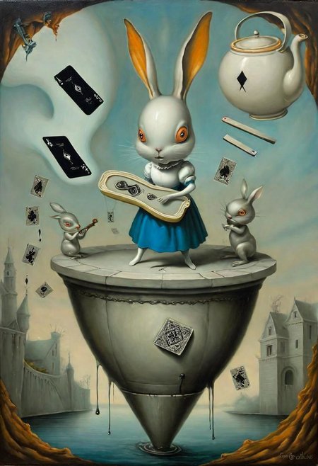 Neo Surrealism ,Alice in Wonderland scene white rabbit, teapot, cards, Into The Well by Greg Craola Simkins, existential residues dark shines surrealism, blue, gray and orange color scheme, a painting of a woman playing a lute ,fantasy Victorian art, magical realism bizarre art, pop surrealism, whimsical art.