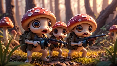 cartoon, cinematic movie scene, group of cute mushrooms with big eyes and small arms holding tmmygn submachine guns, sunrise, warm light, 
 <lora:Thompson_Submachine_Gun_-_1928_SDXL:0.8> <lora:Cute_3D_Cartoon:0.8>