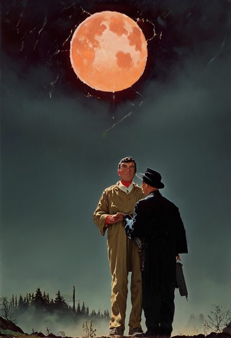 score_9, score_8_up, score_7_up, norman rockwell style, painting study by Norman Rockwell, 1950s style, 1930 clothing style, noir, high detail, cinematic lighting, retro aesthetic, illustration, 
<lora:carcosa city style v2:0.9> In an ancient and mysterious world two detectives standing in misterious forest, 2boys, detectives, young, old, suits, trench coats, hats, 1boy, (30 years old, holding gun, Rust Cohle,), 2 boy, (old, holding scotch bottle, Rust Cohle), 
BREAK full body shot, in a forest, moon in sky, moonlight beams going through the window,
BREAK detailed, different,( unique:0.9), cinematic, dramatic, concept art, filmic, detailed background, detailed settings, Eerie, unsettling, dark, spooky, suspenseful, grim, highly detailed
BREAK 1950s clothing style, illustration, norman rockwell style, easynegative, Expressiveh, pinup, carcosa city style, true detective style