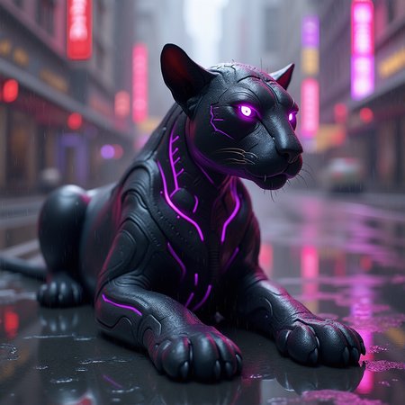cyberpunk neon sphinx::1.2, jet black obsidian body::1.0, glowing purple neon details::1.1, sleek futuristic design::0.9, purple neon eyes::0.8, digital circuit patterns::0.8, holographic hieroglyphics::0.7, midnight black panther-sphinx hybrid::0.9, purple energy flowing through cracks::0.9, high contrast::0.8, cybernetic enhancements::0.7, neo-egyptian aesthetic::0.8, purple light reflections::0.7, dark reflective surface::0.8, rain-slicked urban setting::0.6, neon-lit cityscape background::0.7, cyberpunk atmosphere::1.0, violet and magenta accents::0.8, technological ancient fusion::0.7, glowing runes::0.6, digital haze::0.5, night scene::0.7, ultraviolet lighting::0.9, sleek glossy finish::0.7, synthetic material::0.6, enigmatic pose::0.8, retrofuturistic::0.6, blade runner aesthetic::0.7, sinister gaze::0.6, biomechanical elements::0.5