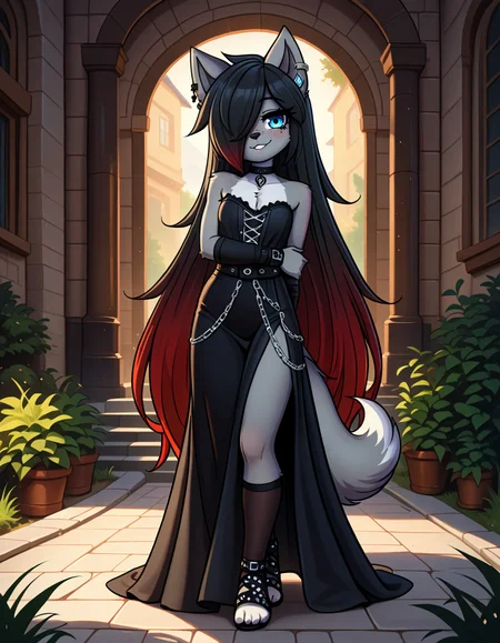 masterpiece, best quality, very aesthetic, absurdres,
outdoors,
full body,  body, standing, posing, 
goth fashion, 
 seductive smile, parted lips, long eyelashes,
<lora:Kayla_Kitsune_v01_NAIXL:1>
K41l4,1girl,solo,furry,furry female,very long hair,multicolored hair,black hair,red hair,gradient hair,hair over one eye,animal ears,earrings,blue eyes,freckles,snout,animal nose,choker,body fur,wolf tail,