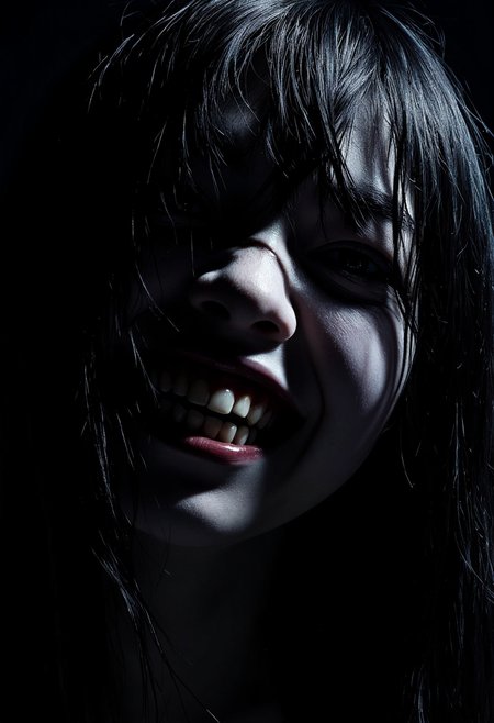 This haunting image depicts a female figure in high-contrast lighting, her dark, hollow eyes and wide, unsettling grin conveying malevolence and terror. The disheveled hair, pale skin, and void-like background amplify the supernatural and eerie atmosphere, evoking themes of possession, isolation, and fear of the unknown. The lighting and composition, reminiscent of classic horror cinema, create an image designed to unsettle and frighten viewers, making it an effective representation of psychological and supernatural horror.