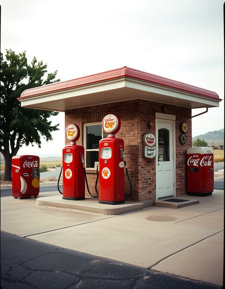 A realistic vintage photograph of a 1950s American gas station with no people present. The small brick building has a flat roof with a wide canopy extending over two classic red gas pumps from the 1950s, featuring chrome details, round meters, spiral hoses, and retro branding like "Texaco" or "Shell".The ground is old concrete with cracks and oil stains. Beside the station, there's a vintage Coca-Cola vending machine and a hand-painted wall sign that reads âDrive Safely!â. The sky is lightly overcast, casting soft shadows and a nostalgic mood. In the background, leafy trees, distant low hills, and an empty country road stretch into the distance. The photo has a slightly faded, desaturated color palette with warm vintage tones and a subtle grain, mimicking the look of 1950s Kodak film photography. The overall atmosphere is calm, quiet, and deeply nostalgic.
<lora:SDXLFaeTastic2400:0.4> <lora:extremely_detailed:0.4> extremely detailed, <lora:1950s_American_gas_st4t10n:1>,1950s American gas st4t10n, Masterpiece,best quality,hi res,8k,hi res,8k,award winning,(sharp focus, intricate, highly detailed),