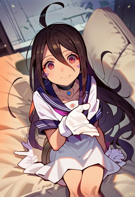 score_9, score_8_up, score_7_up, score_6_up, score_5_up, score_4_up, source_anime, skuld, long hair, black hair, ahoge, facial mark, hair between eyes, brown eyes, 1girl, solo, breasts out, serafuku, collarbone, white gloves, choker, on sofa
