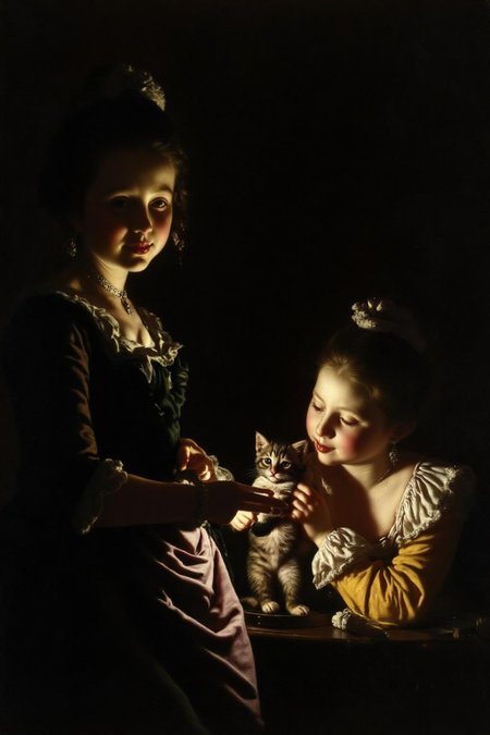 josephwright1 painting. 
Two young girls interact with a small kitten in a dimly lit room, their faces illuminated by a single light source. The girl on the left wears a dark dress with lace and gently holds the kitten. The girl on the right wears a yellow dress with ruffles and looks at the kitten with a gentle expression. <lora:josephwright1_cap_d6a3e12:1.0><lora:849101465812224025:0>