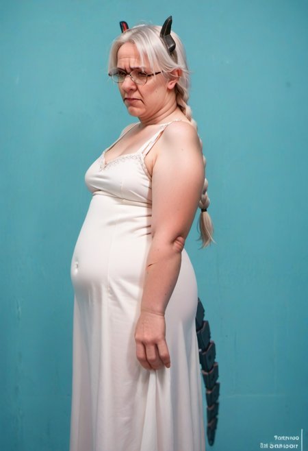 zPDXL, zPDXLxxx, BREAK <lora:Ugly_Women_for_Pony:1>, very_ugly, , <lora:Saruei_for_PonyXL:0.8> saruei, solo, dress, white hair, glasse, mechanical tail, braid, bang, horn, scar over eye,, looking left, standing