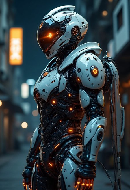 YFG-Zaat Realistic Photography, Male cyborg in a cyberpunk city alley at night, Cyber-Samurai, high action pose, highly detailed, reflective armor, shadows, otherworldly, interesting color pallet, Stunning visuals, Texture
