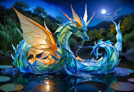 high quality, extremely detailed and beautiful origami fantasy translucent magical water elemental creature, glowing within, blue and white colors <lora:TQ_-_Fairy_Tale_Origami_Paintings:0.5>, beautiful vibrant dark moonlight lake at night, serene lakes, water splashing, harp focus, intricate, detailed illustration, beautiful color palette, incredible details, high contrast, high dynamic light, perfect composition and chiaroscuro, glowing magical moonlight, bioluminescent creature, intricately detailed, true masterpiece,  <lora:sss:1>     <lora:SDXLFaeTastic2400:0.5> <lora:chillet_v2:1> animal, no_humans