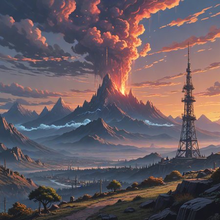 anime pixel art, landscape of a Sovngarde in the distance there is a Telecommunications tower, Neat, 35mm, studio anime ,8k, masterpiece, best quality, hyperrealistic, superrealistic, photorealistic, ultra sharp, 16 bit colors, highres,