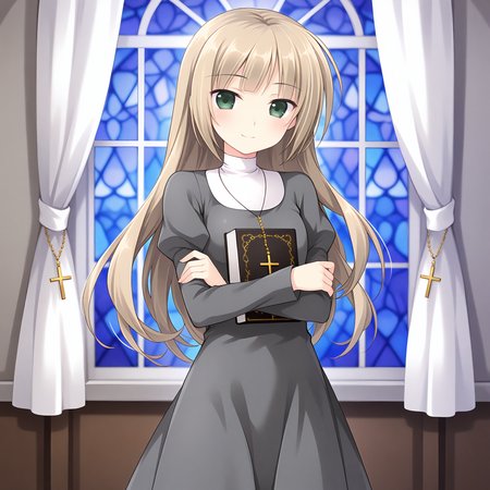 <lora:Lili_1_nai-000026:1>,Lili,
jewelry,cross necklace,official outfit,traditional nun,grey dress,white collar,puffy sleeves,long sleeves,
1girl,solo,smile,window,standing,curtains,looking at viewer,front view,cowboy_shot,holding book,crossed arms,