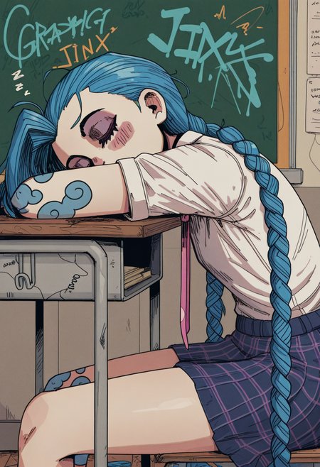 10P3Zstyle, masterpiece, best quality, solo,                                                                                                            jinx \(lol\), blue hair, white shirt covered in messy graffiti, pink tie,   sitting, classroom, head on desk, sleeping,