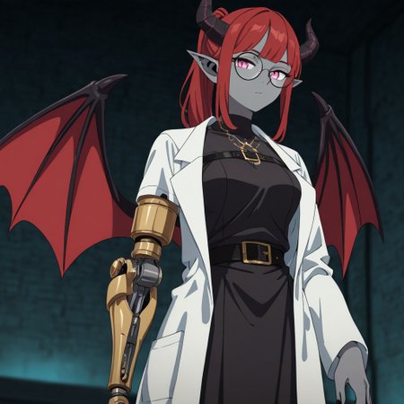 masterpiece, best quality, newest, absurdres, highres, 
DMStyle-DmpackV1.0, official style,
1girl, succubus, grey skin, goth, goth girl, goth makeup, grey colored skin, red hair, demon girl, horns, wings, bat wings, demon wings, red wings, lab coat, coat, single mechanical arm, glasses, round glasses, ponytail, high taied ponytail, side bangs, Oneprostethicarm, pink eyes, amputee, prosthesis, prosthetic arm, medium breasts, pointy ears,