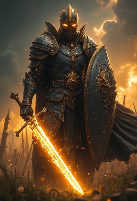 Closeup of a Action Scene shot of a  towering warforged hkstyle knight with Long billowing cape in the heat of an intense, action-packed battle, cinematic movie-still-shot in 4k. The hkstyle knight's intricately designed, battle-worn helmet emits glowing amber eyes and  reflects the  glow of his weapon—an arcane sword. The blade crackles with golden energy, gathering  at its tip,  The energy radiates along the length of the blade, casting a  glow that illuminates the knight’s helmet and armor, creating stark contrasts between light and deep shadows.
In his other hand, the knight wields an impressive  shield, adorned with the iconic symbol of an elder god. The shield emanates a sense of awe as if imbued with divine magic adding to the overall awe of his presence. The glow from the sword throws the intricate details of the shield into sharp relief, casting long shadows that flicker across the Long Plains scenery battlefield amidst grasslands