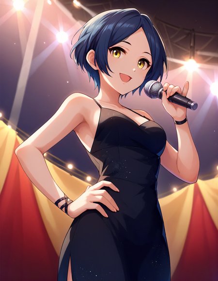 score_9,score_8_up,score_7_up,1girl,solo,cowboy shot,looking at viewer,smile,open mouth,hand on hip,holding microphone,stage lights,
<lora:hayamikanade_ponyXLV6:0.8>,cghkn,
blue hair,parted bangs,short hair,yellow eyes,
black dress