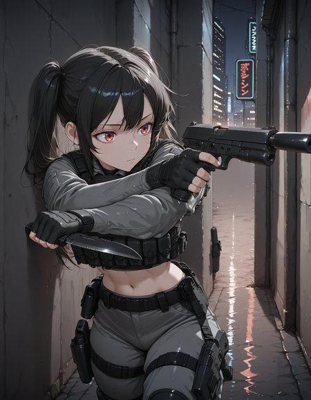 1girl, twin tails, black hair, red eyes, long hair, midriff, tactical rig, armored rig,slim waist, pistol_x_tac_knife, holding pistol and knife, combat knife, finger on trigger, aiming, black fingerless gloves, <lora:pistol_x_tac_knife_v1.0-000010:1>, indoor, leaning against wall, night, dark,