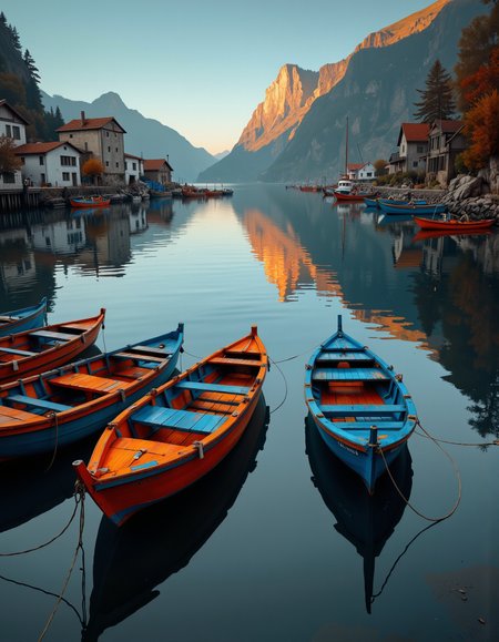 A highly detailed cinematic photography.
A tranquil bay with colorful fishing boats anchored, reflections mirrored in the still water, serene atmosphere, beautiful lighting, hyperrealistic, digital painting, vibrant colors, scenic landscape,  4k resolution, cinematic composition. highly detailed and hyper realistic photo, by Alena Aenami , by Archibald Thorburn , by Daniele Afferni , in the style of  monochromatic silhouette reflection,  limited dark palette, unusual dark colors, faded colors, atmospheric haze, highly dramatic cinematic lighting, motion blur.