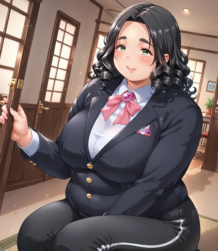 PonyScores7, source_anime, ah1, BREAK 1girl, (curly hair), long hair, (black hair:1.3), mature female, (parted hair:1.7), (round face:1.2), (thick eyebrows), (curvy), round-chin, (greenish hazel eyes), caucasian, (downturned eyes:1.2), (plump face), <lora:ETO_OCPonyXL:0.5> eto_oc, skindentation, (plump), thick thighs, wide hips, busty, voluptuous, kinky curls, lips, <lora:venus body PonyXL:0.4>,  (shy, blush, smile, friendly), (stalking the night), (Magenta Pink, Hot Pink, and Black velvet blazer and skinny pants), BREAK <lora:xl_more_art-full_v1:0.2>, <lora:shinyskin2:0.2> glistening skin, <lora:aesthetic_anime_v1s:0.2>, <lora:Expressive_H:0.2> Expressiveh, <lora:hairdetailpxl:0.2> hairdetailpxl, <lora:EpicF4nta5yXL:0.2>, <lora:detailxl:0.2> detailxl, <lora:Fant5yP0ny:0.2>, best quality, amazing quality, best aesthetic, absurdres, <lora:expressive eyes:0.2> expressive eyes, <lora:eyedetailpxl:0.2> eyedetailpxl, illustration, Volumetric_Lighting, ultra-detailed, very aesthetic, intricate details, 8k, masterpiece, best_quality, BREAK (Dutch Angle (from behind) view medium Close shot (focus on knees)), BREAK <lora:Eyes_High_Definition:0.3> EyesHD, Stable_Yogis_PDXL_Positives, AS-Adult, <lora:Complicated fantasy portrait - XL Pony V2.0:0.4>, bad-hands-5, <lora:takeyama_shimeji_style:0.8> <lora:Akina_Bbw_Style_-_PonyXL:0.5> AkinBw