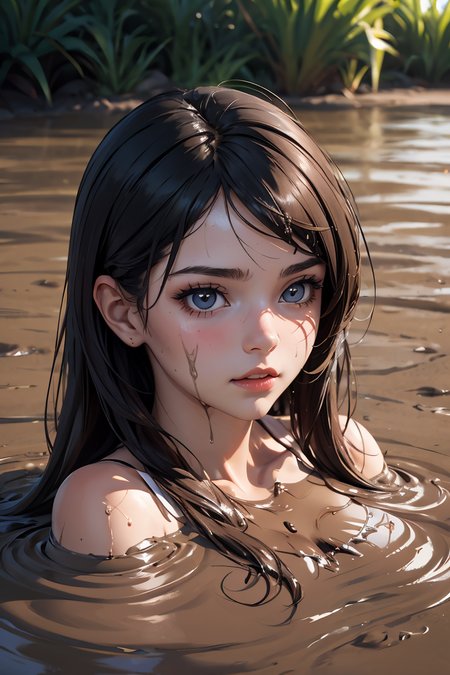 (masterpiece, best quality),1girl, beautiful face, <lora:partially_submerged:1> partially submerged,  mud,