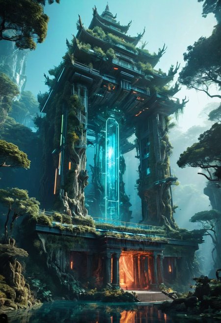 Underwater megadungeon, bioluminescent research facility, sunken ancient temple, high-tech, holographic projections, mythical creatures, glowing kelp forests, vertical composition, dramatic perspective, intricate details, vibrant colors, futuristic architecture, magical realism, awe-inspiring atmosphere, ethereal ambiance, advanced technology