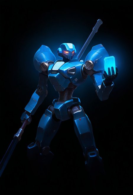 masterpiece, best quality, good quality, newest, very awa, 
holding, weapon, no humans, glowing, robot, mecha, science fiction