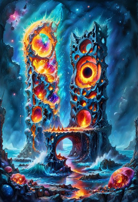 watercolor painting, Surreal, masterpiece, Oceans of molten metal. Space. torn stars and galaxies.  cosmic rivers. Destruction.  Skeletal structures. towers. distorted reality. black hole. Gods. surreal. ultra quality , 8k, best quality, textural, artistic, midjourneyv6.1, cube, surr, cube impression, vivid color, Colorful Chaos Cracks and Drops, Dreamyvibes Artstyle, ((4k,8k,Ultra HD)),((Masterpiece :1.2)),((Best quality :1.2)),((Detailed :1.5)),((Detailed background :1.5))