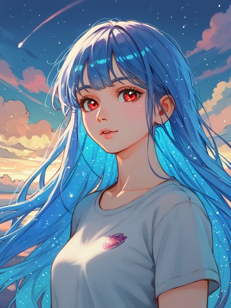 PDXL,  <lora:WaccaV1:1>, w4cc4, volumetric reflections, volumetric shadows, HDR, shot on Canon DSLR,
1girl, cute face, detailed eyes, long blue hair, red eyes, upper body BREAK galaxy in the background, clouds