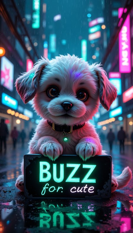An image of an adorable puppy with cyberpunk aesthetics, sitting in a futuristic urban environment. The puppy has large, expressive eyes and a soft, fluffy coat, with patches of fur glowing in vibrant neon shadesâpink, blue, and purpleâadding to its cuteness. Its collar has small LED lights that flicker with a soft, pulsing glow. In its paws, the puppy holds a sleek, metallic sign that reads 'BUZZ for cute,' with the text illuminated in bold, neon green letters that stand out against the background. The cityscape behind the puppy is a mix of towering, futuristic skyscrapers adorned with glowing holographic ads, wires, and cables that drape down from various structures. Neon lights and signs in various colorsâmagenta, cyan, and electric blueâbathe the scene, casting vibrant reflections on the rain-slicked streets. The puppy's playful, innocent expression contrasts with the edgy, high-tech atmosphere, creating a delightful blend of cute and cyberpunk energy., <lora:FluxD_DonM5h4d0wM317FX_000007.safetensors:0.15:0.15> <lora:FluxD_FaeTasticDetails.safetensors:0.15:0.15> <lora:Flux_vividizer.safetensors:0.35000000000000003:0.35000000000000003>