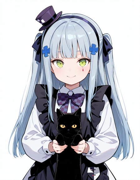 Volumetric Lighting, (masterpiece), (best quality), (ultra-detailed), masterpiece, source_anime, score_9, score_8_up, score_7_up BREAK, illustration, disheveled hair, detailed eyes, perfect composition, moist skin, intricate details, detailed eyes, detailed face, detailed fingers BREAK, green eyes, long hair, grey hair, blue hair,blunt bangs, teardrop facial mark,aged down, two side up BREAK, BlackCatGift, aged down, two side up,BCG_dress, BCG_mini_hat, BCG_apron, teardrop facial mark, BCG_hairband, BCG_hair_ribbon, BCG_checkered_bowtie BREAK, ((white background)), looking at viewer, standing,upper body, smile, cat, black cat, tilted headwear, holding animal, holding cat