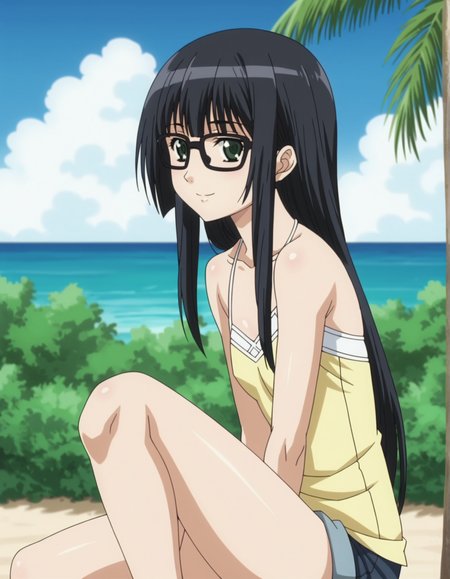 1girl, anime screencap, <lora:VexVexX_Aoi_Futaba_PONYXL:1>, AoiFutaba, long hair, black hair, bangs, green eyes, glasses, flat chest, deep skin, skindentation, seductive smile, detailed skin, glossy skin, white shirt, yellow shirt, shorts, cowboy shot, from side, sitting, hands behind back, legs together, thighs together, knee up, looking at viewer, outside, beach, ocean, palm trees