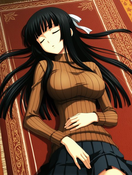 1girl, large breasts, (skinny:1.2), black hair, blunt bangs, long hair, 2010s \(style\), 
hair ribbon, brown sweater, ribbed sweater, pleated skirt, sleeping, carpet, upper body
 ,masterpiece,best quality,amazing quality,