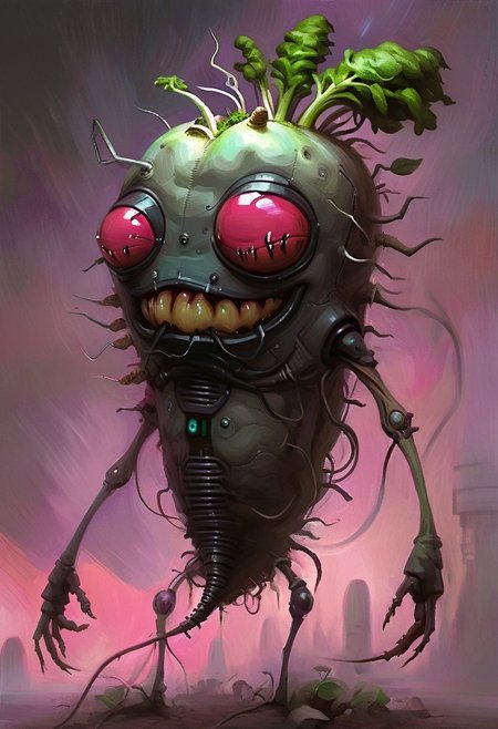 w4rh4mm3r style oil painting, grimdark, cybernetic , 
short creepy radish man monster, lascivious smile