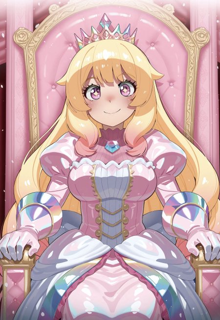 art by Mizumizuni, masterpiece, best quality, high quality, intricate, 1woman, mature woman, solo, (pastel pink theme:1.2), pink chrome, blonde princess, iridescent (pink puffy gown), iridescent gloves, iridescent crown, happy smile,
(iridescent palace, iridescent throne, iridescent room), (sparkles, sparkling iridescent, sparkling eyes), sharp focus, (glossy iridescent chrome clothing, glittering shiny iridescent chrome fabric),
cowboy shot, sitting, highly detailed, majestic, shallow depth of field, movie still, hard light, circular polarizer, colorful, moody, wallpaper, anime