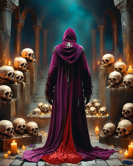 hooded human sorcerer standing in evil temple near a pile of skulls, raised dais, viewed from behind, velvet robe, volumetric lighting, intense colors, <lora:add-detail-xl:1.0>,  <lora:xl_more_art-full_v1:0.4>,   <lora:XSfenlie:1> fenliexl,  <lora:lora:1>, realistic photo