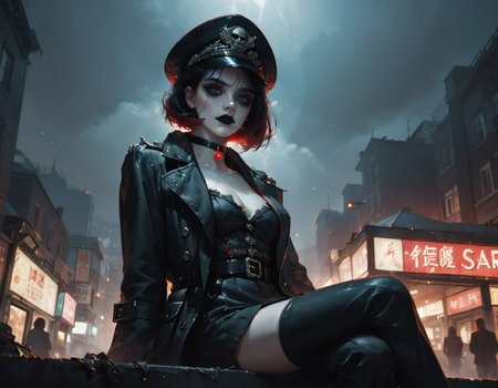 (score_9,score_8_up,score_7_up:1), 1girl, full body, low angle view from below, horror, neon body light, low ambient light, smug, (goth, (black lipstick, black mascara, black eyeshadow)), (skinny), black hair red highlights, shoulder length hair, choker, eyeshadow)), (bloodless white glowing skin), large breasts, (Sitting), junk night market, (<lora:commissar_uniform_WH40K:1> commissar uniform, long coat, commissar hat), <lora:zavy-cntrst-sdxl:1> dark, chiaroscuro, low-key