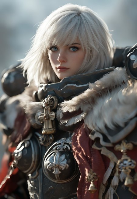 safe_pos, score_9, score_8_up, score_7_up,
BREAK,
upper body focus, head to knee shot,
BREAKE,
white hair, short hair, bob haircut, bangs, makeup, medium breasts, blue eyes, strong, beautiful face, french, freckles, fit, Sororitas, armor, shoulder armor, pauldrons, power armor,
BREAK,
looking at viewer, 
BREAK, 
Sister of Battle,
(((full clothed)))
(((((upper body))))), dynamic pose
 <lora:Dynamic Poses:1>
 <lora:detailed_notrigger:1>
(((full clothed)))