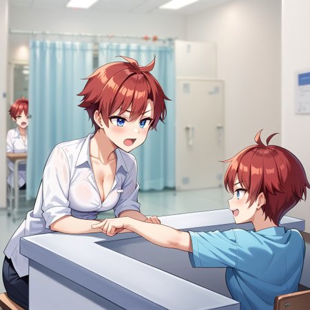 score_8, score_8_up, score_7_up, 2girls, female focus, lo_su_tu, red hair, short hair, tomboy, blue eyes, twins, open mouth, hands on table, looking at another, from behind, sitting, chair, pointing, pointing to the side, counter, indoors, hospital, blurry background, photo background,