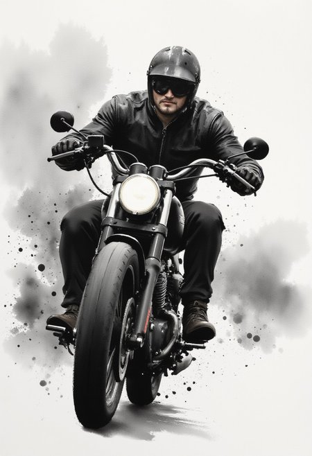 Scene Description: Motorcyclist in Ink Wash Style with dynamic angles.
Setting:
Background: The backdrop is a black ethereal ink wash, featuring soft gradients of grayscale that evoke a sense of grandeur and focus. The background is minimalistic, allowing the character and text to take center stage.
Main Character:
Motorcyclist: depicted in a powerful action shot riding a black Harley Davidson. The perspective angle enhances his stature, making him appear larger-than-life, radiating strength and confidence.
Details: character features are rendered with intricate brush strokes, capturing the essence of his ability. His helmet visor captures slight reflections, while subtle details like the texture of his clothing and the contours of his motorbike are highlighted through the ink wash technique.