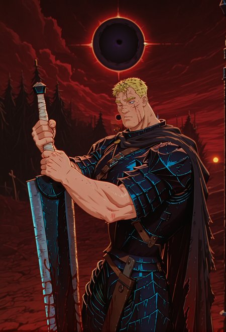 anime artwork concept art masterpiece, best quality, amazing quality, very aesthetic, 
 <lora:aleha:1> aleha, 1boy, male focus, solo, blonde hair, short hair,  freckles, thick eyebrows, short sleeves, (muscular:0.7),  
 <lora:BerserkILLUSTRIOUS:0.8> berserk, 1boy, guts,  nose scar, muscular male, full-body, male Guts_Armor, brown eyes, short hair, spiked hair, black armor, full armor, torn cape, one eye closed, blood ocean, muscular male, eclipse background, red landscape,  scratches all over face,  <lora:illustrious_h_v2:1> <lora:DarkerThanBlackIllustrious:0.7> dark theme <lora:DragonSlayerSword-Il.V1.0:0.8> DragonSlayerSword-Il.V1.0, t,  wielding-dragonslayer, huge weapon, sword, holding sword, holding weapon,