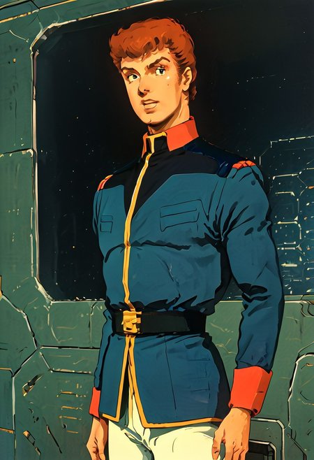 solo, looking at viewer, 
spaceship, standing, eff officer, bright blue uniform, 1 boy, amuro_ray_cca, blue eyes, brown hair,