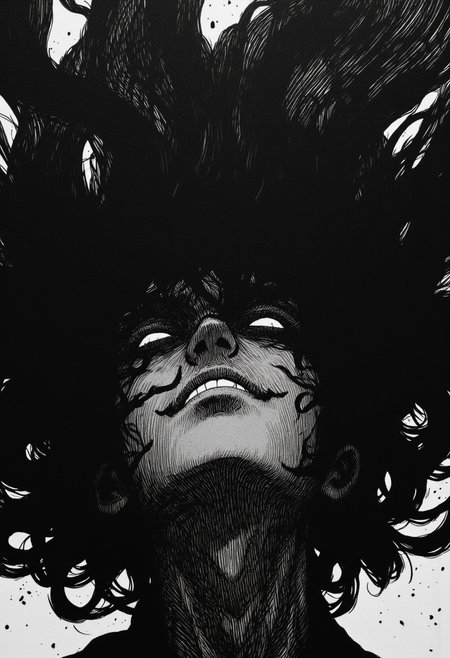 nistyle, monochrome Manga Sketch, extreme head Closeup, a dark ethereal womans black billowing hair, hair floating upward, Killing Gaze smile, eerie, Shrouded in darkness, shaded eyes, Low angle View, hyperdetailed manga sketch style, with bleaked  color Highlights, grey, and white color grading. Greyscale, intricate Face lines, black skin
