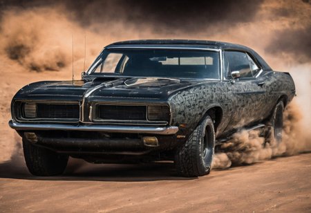 Create an ultra-detailed and realistic image of a custom car, created with parts from many muscle cars, with aerodynamic lines from 1972, but armored with bulletproof plates, with two heavy artillery machine guns on the roof. The car is metal color, with black tinted windows. It is captured in motion with motion blur at full speed through a desert, daylight. The photograph is captured with an Arri Alexa camera, with a zoom lens.<lora:Vintage Muscle Car SDXL:1>
