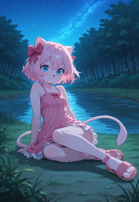 masterpiece, best quality, amazing quality, very aesthetic, absurdres, PKMN_Mew, furry:1, 1girl, pink hair, short hair, hair ribbon, blue eyes, pink frilled dress, pink sandals, rating safe,
river, gras, blue sky, sitting, on ground, happy, dynamic pose, perspective, outdoors, plants, night, starry sky