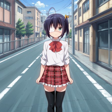 masterpiece, best quality, amazing quality,1girl, solo, love_chunibyo_other_delusions_takanashi_rikka, standing, eyepatch, thighhighs, school uniform, one side up, short hair, plaid skirt, plaid, black thighhighs, black hair, ahoge, blue eyes, sleeves rolled up, zettai ryouiki, street, <lora:Takanashi_Rikka:0.7>
