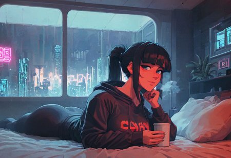 score_9,score_8_up,score_7_up,score_6_up, 1girl, 
 sitting in bed next to a large window, holding coffee cup, steaming coffee cup on windowsill, wearing croptop hoodie, black croptop hoodie, long hair, black hair, low ponytail hairstyle, pov from outside, view from putside the window looking into the room, looking out window, head resting on pillow laying on the bed, hoodie, plants on the windowsill, looking out the window, looking at viewer, background is the bedroom, tidy bedrrom, small room, cramped bedroom, teddies on the bed,, wearing legging, see through thights, black tights, cyberpunk city view out of the window, neon light, purple neon lights, has a vape