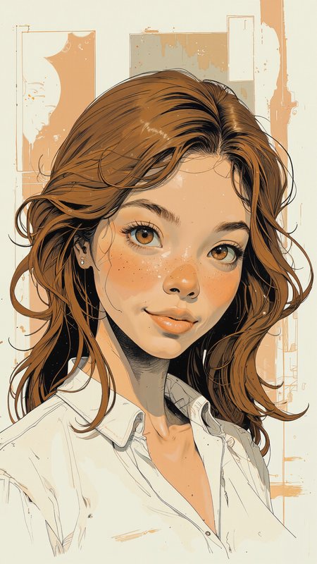 Portrait of a sweet young woman with soft, wavy brown hair, large expressive eyes, and a gentle smile. Minimalist composition, smooth shading, soft color transitions, dreamy pastel tones. Simple, clean background with subtle abstract shapes for depth <lora:Anime_v1.3:0.8> <lora:Blue_Future:1.3> <lora:Vintage_comic_book:0.8>